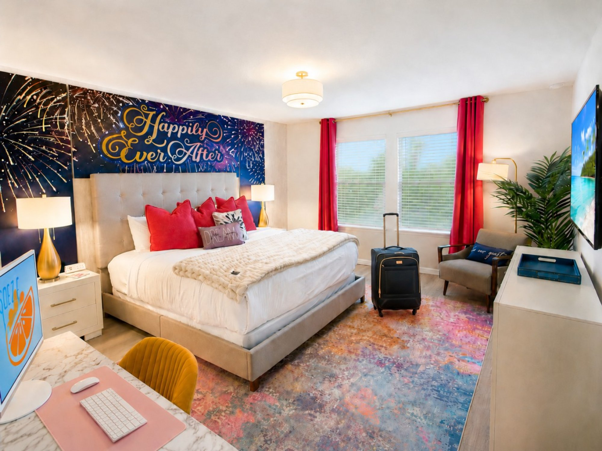 Bedroom 2, the primary suite: king bed under the Happily Ever After firework mural