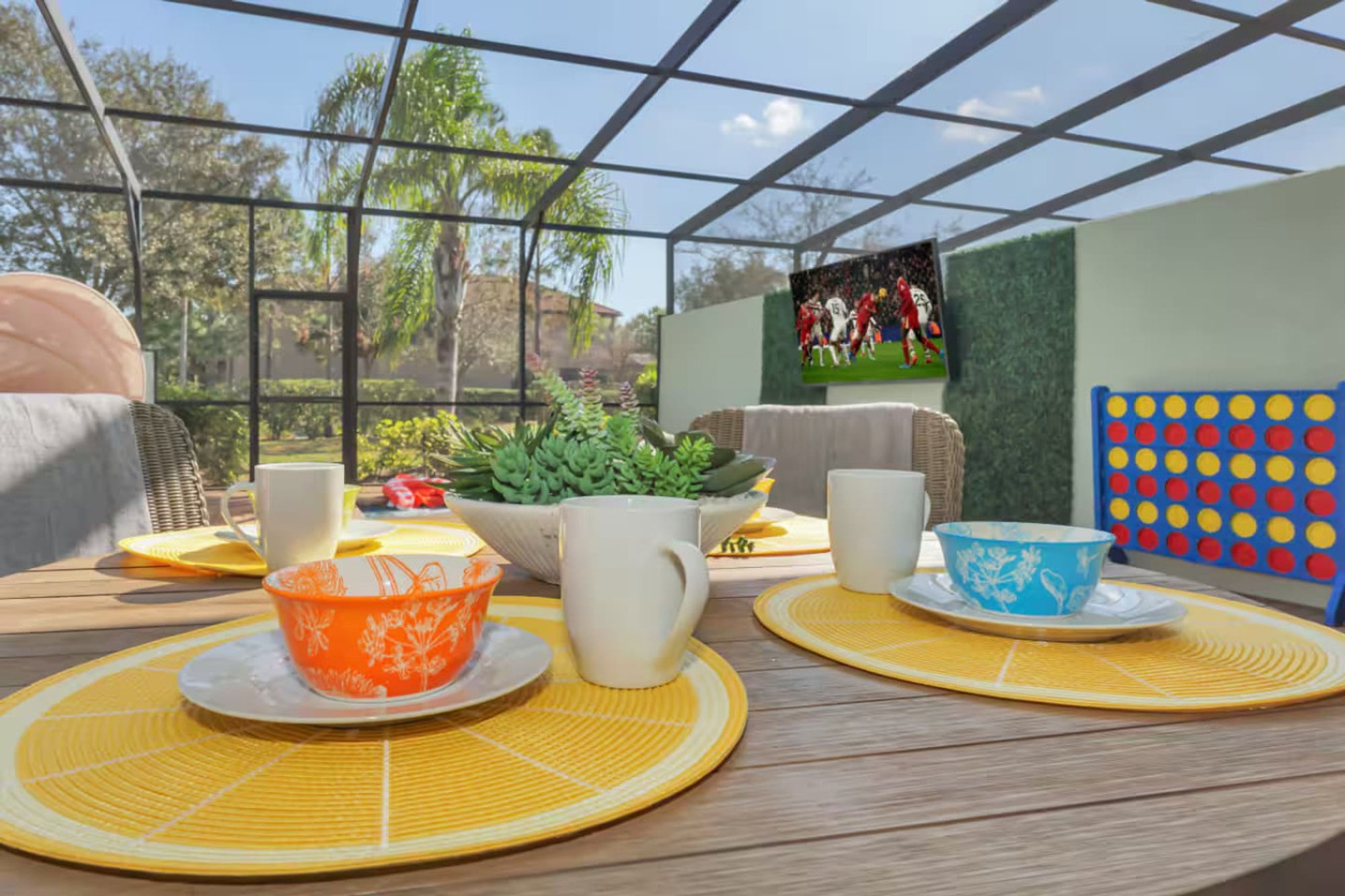 Breakfast on the lanai table beside the pool