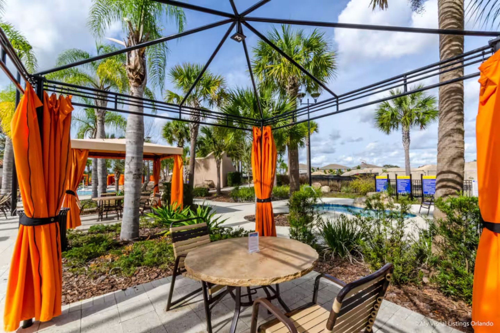 Shaded cabanas beside the Solterra resort pool
