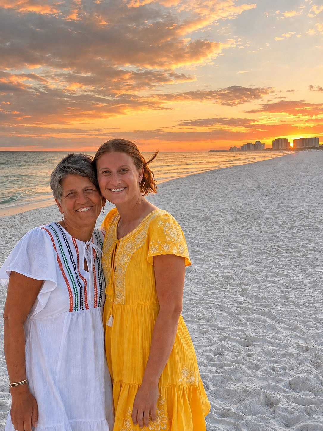 Kristi and Riley, the hosts of Squeeze the Day, on the beach at sunset
